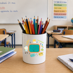 Pot à crayons maîtresse personnalisé école, cadeau fin d’année scolaire avec prénom, pot stylos fournitures 325 ml