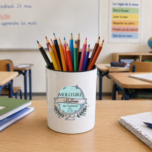 Pot à crayons maîtresse personnalisé fin d’année scolaire, cadeau meilleure maîtresse avec prénom, pot stylos école 325 ml