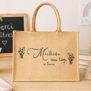 Sac jute maîtresse personnalisé cadeau fin d’année scolaire, sac cabas maîtresse au top avec prénom, idée cadeau école
