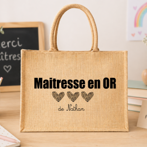 Sac jute maîtresse en or personnalisé cadeau fin d’année scolaire, sac cabas maîtresse avec prénom, idée cadeau école
