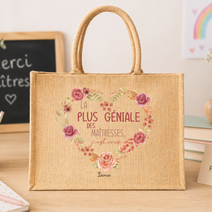 Sac jute maîtresse personnalisé fleurs cœur, cadeau fin d’année scolaire maîtresse, sac cabas prénom, idée cadeau maîtresse