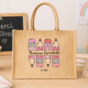 Sac jute maîtresse formidable personnalisé, cadeau fin d’année scolaire maîtresse, sac cabas prénom, idée cadeau école