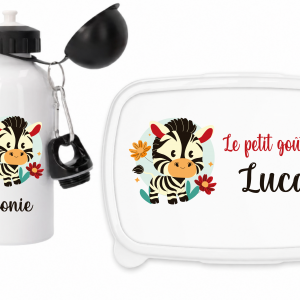Pack rentrée enfant personnalisé prénom zèbre, gourde sport 500 ml et boite à goûter, kit école maternelle, cadeau rentrée enfant