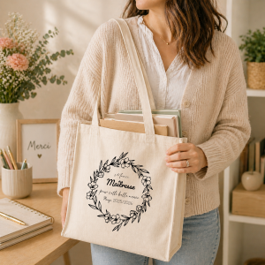 Tote bag maîtresse personnalisé fleurs noir blanc, cadeau fin d’année scolaire maîtresse, sac coton prénom, idée cadeau maîtresse