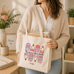 Tote bag maîtresse formidable personnalisé, sac coton école crayons, cadeau fin d’année scolaire maîtresse, idée cadeau prénom