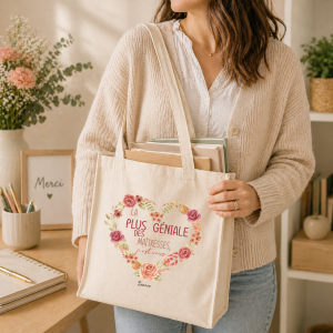 Tote bag maîtresse personnalisé, cadeau fin d’année scolaire maîtresse, sac coton floral cœur, idée cadeau maîtresse prénom