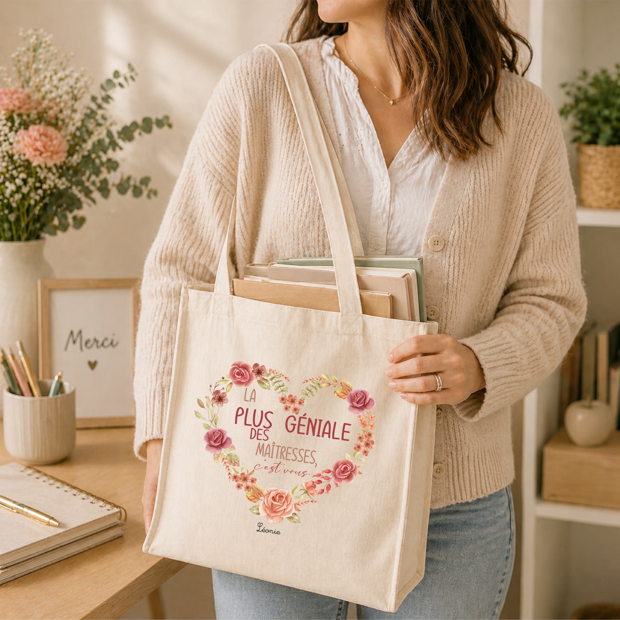 Tote bag maîtresse personnalisé, cadeau fin d’année scolaire maîtresse, sac coton floral cœur, idée cadeau maîtresse prénom